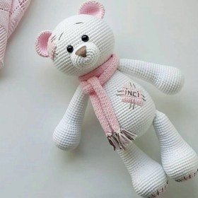 Resim Amigurumi Yamalı Ayıcık Oyuncak - Beyaz-Pembe 