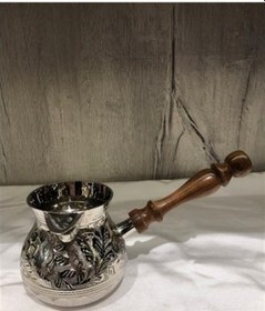 Resim Ahşap Kulplu Pirinç Cezve (Gümüş Rengi) 