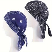Resim 2 adet Erkek Paisley Baskılı Elastik Bandana Başlık - Deniz Mavisi ve Beyaz Kafatası Kapak Bağlamalı Askılı, Rahat ve Resmi Etkinlikler için Nefes Alabilen Polyester, Resmi Başlık | Kafatası Kapak | Bağlamalı Kapanış, Baş Bandı 