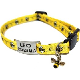 Resim Ayz Markalama Güvenlik Kilitli İsimli Kedi Tasması Kedi Madalyon Sarı Arılı 