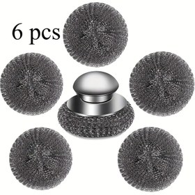 Resim 6 adet / 1 set Çelik Yün Temizleyici ile Değiştirilebilir Tel Pedler Seti, Döküm Demir, Tencere, Tava, Izgara, Ocaklar, Lavabo'dan İnatçı Karışıklıkları Temizlemek için Saplı Paslanmaz Çelik Temizleyici (1 Temizleyici + 5 Ped) (Gümüş) 