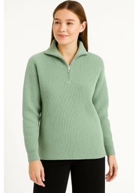 Resim Oada Kadın Yarım Fermuarlı Triko Kazak Selanik Örgü, Dik Yaka, Pamuklu Dokuma, Oversize Uzun Kollu Kışlık Model - Mint Yeşili 