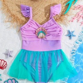 Resim Kızlar için Denizkızı Esintili Tek Parça Mayo, Kabuk Detaylı, Omuz Açık Fırfırlı Üst ve File Örtü Etekli - Esnek, Hızlı Kuruyan Polyester Karışımı, Çıkarılabilir Pedler - Plaj, Havuz ve Yaz Eğlencesi İçin Mükemmel 