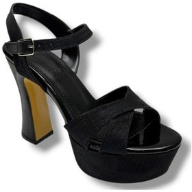 Resim Defne 788-26 Simli Saten Çapraz Bant 30mm Platform Topuk Kadın Sandalet 12cm Siyah 