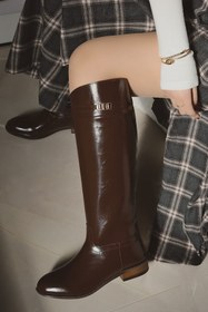 Resim POLKA STORE Daily Düz Tabanlı Tak-Çıkar Kemerli Tokalı Binici Çizme Kadın Ayakkabı Acı Kahverengi 