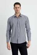 Resim Koyu Lacivert Uzun Kol Slim Fit Dar Kesim Ekose Pamuklu Kolay Ütülenebilir Gömlek Kigili