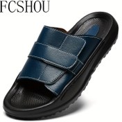 Resim Erkekler için FCSHOU Günlük Sokak Giyim Slip-On Sandalet - İki Tonlu Lacivert & Siyah Gerçek Deri Üst, Nefes Alabilen EVA Taban, İç/Dış Mekanda Kullanım için Her Mevsime Uygun Konfor, Şık Pu İçlik 