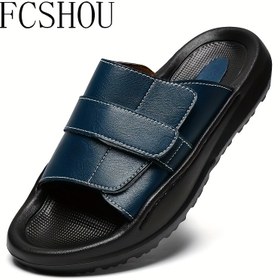 Resim Erkekler için FCSHOU Günlük Sokak Giyim Slip-On Sandalet - İki Tonlu Lacivert & Siyah Gerçek Deri Üst, Nefes Alabilen EVA Taban, İç/Dış Mekanda Kullanım için Her Mevsime Uygun Konfor, Şık Pu İçlik 