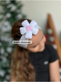 Resim QUEEN AKSESUAR Peluş Çiçekli Esnek yumuşak geniş Kız Çocuk bebek Saç Bandı beyaz bant bandana 