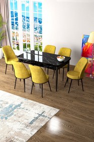 Resim Canisa Zen Serisi 80x132 Mdf Açılabilir Siyah Mermer Desen Masa Takımı Ve 6 Hardal Sandalye 