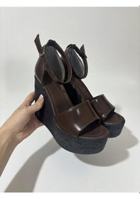 Resim Asmi Shoes Kadın Dolgu Topuklu Kahverengi Kırışık Rugan Ayakkabı Rahat Yüksek Topuklu 11cm Kahverengi 