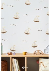 Resim Sevimli Minik Yelkenli Tekne Ve Dalgalar Soft Renklerde Çocuk Bebek Odası Dekorasyon Sticker 