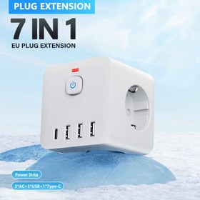 Resim Çok Yönlü 7'si 1 Arada USB'li Güç Prizi Genişletici - Duvar Prizi Adaptörü, 4 USB Portu (1 USB-C) ve 3 AC Prizi İçerir, Ev, Ofis ve Seyahat Kullanımı İçin Mükemmel, Siyah veya Beyaz Renkte Mevcut 