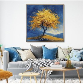 Resim Yağlı Boya Dokulu Tablo Tekli Sarı Ağaç Altın Çerçeveli U01013-178853 