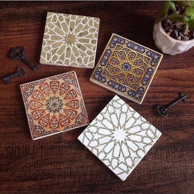Resim Etnik Desen Taş Bardak Altlığı Seti - 4 Parça - Dekoratif, Rustik Mutfak Aksesuarı, 10x10 cm, Kaydırmaz Tabanlı, Şık ve Dayanıklı SC115 