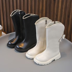 Resim 1 Çift Kızların Yüksek Topu Sahte Deri Çizmeleri, Katı Renk Fermuar Kapatma, Yuvarlak Ayak Ucu, Kauçuk Taban, Kumaş Astar ve İç Taban, 14 Yaş ve Altı İçin Uygundur - Sonbahar ve Kış Prenses Çizmeleri 