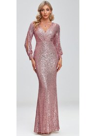 Resim Hanife Glam Couture Hanife Glam Uzun Kollu Kruvaze Yaka Pullu Abiye Elbise Pembe 