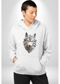 Resim Beyaz Kurt Kafası Kadın Erkek Beyaz Kapüşonlu Sweatshirt Hoodie Beyaz 