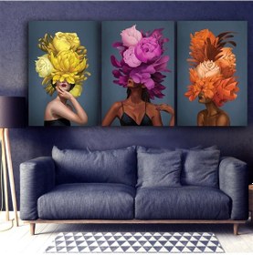 Resim Renkli Çiçek Başlı Kızlar Set Kanvas Tablo 