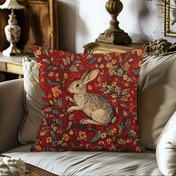 Resim 1 adet MEMNUN Vintage Tavşan Morris Stili Atma Yastık Kılıfı, Kırmızı Kadife Dokusu, Makine Yıkanabilir, Fermuar Kapanışı, Polyester, Çeşitli Oda Türleri için Dekoratif Yastık Kılıfı, Dokuma Kumaş, 44.98x44.98 cm 