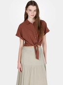 Resim Regular Fit Shirt Neck Jakarlı Kadın Kahverengi Kısa Kol Gömlek Colin's