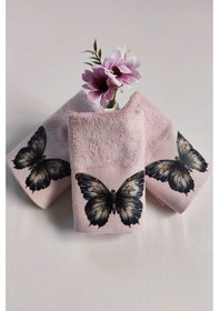 Resim 3'lü Dijital Baskılı Mutfak Havlu Takımı Kelebekli Bambu El Havlusu Seti Ekstra Yumuşak Pudra Pudra 