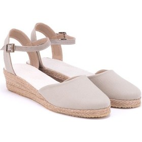 Resim Star Tombis Gerçek Elişi Bej Topuğu Açık Bilekten Bantlı 3cm Dolgu Topuk Keten Hasır Espadril Handmade Bej 