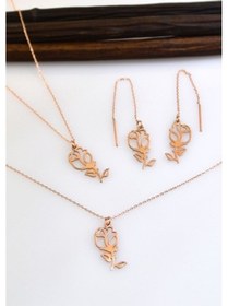 Resim 925 Ayar Gümüş Rose Kaplama Gül Kolye Küpe Bileklik Set 