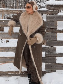Resim Siyah Deri Görünümlü Kürk Detaylı Kaban - Siyah / S 