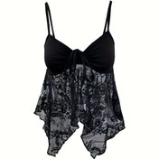 Resim Kadınlar İçin Seksi Dantel Detaylı Kolsuz Camisole Üst - Ayarlanabilir İpli İnce Askılar, Yarı Şeffaf Siyah & Açık Gri Ombre, Asimetrik Etek Kesimi, Orta Esneklik, Makinede Yıkanabilir İlkbahar Yaz Sonbahar 