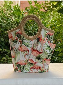 Resim Jüt Hasır Püsküllü Flamingo Plaj Çantası Yeşil 