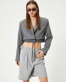 Resim Koton Crop Blazer Ceket Bel Detaylı Bağlamalı Kruvaze Ters Yaka Gri Çizgili 4sal50012ıw Gri 