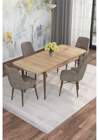 Resim Mona Meşe 80x132 Açılabilir Mdf Masa Yemek Odası Takımı, Mutfak Takımı 4 Adet Sandalye Meşe Masa - 4 Cappuccino - Ceviz Ayak 
