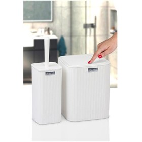 Resim Okyanus Home Mina Beyaz Çizgili Kare 2'li Wc Kova Ve Fırça Seti Beyaz 
