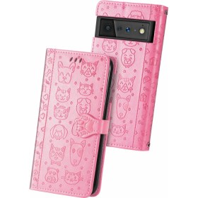 Resim Yihang Boutique Google Piksel 6 Pro Çevir Cüzdan Kabartmalı Kapak Etui Housse Kedi Köpek Desen - Pembe (Yurt Dışından) 