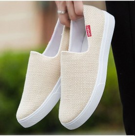 Resim Bej Yaz Keten Kumaş Ayakkabı Erkek Kore Versiyonu Rahat Ayakkabılar Slip-On Tembel Ayakkabı Trend Erkek Ayakkabıları Nefes Paten Ayakkabı Bej 