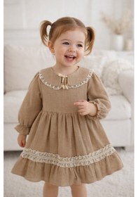 Resim Babyhola Bayramlık Kız Bebek Elbise Dantel İşlemeli Bebe Yaka Vintage Müslin 2017 Kahverengi 