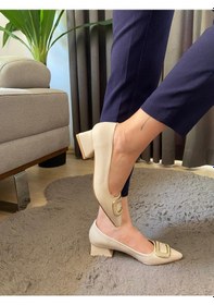 Resim Kadın Pita Krem Deri Tokalı Stiletto Alcak Ökçe Abiye Ayakkabı-krem Krem 
