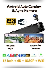 Resim BEKAZE 4K Dikiz Aynası Araç Kamerası 12" Android Multimedya Ekran Çift Kamera (Ön + Arka) Geri Görüş & Park 