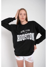 Resim Kadın Gri Houston Baskılı Bisiklet Yaka Oversize Sweatshirt Mdgnhouston Siyah 