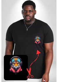 Resim Angemiel Kulaklık Kedi Leopar Bandana Siyah Büyük Beden Kadın Basic Minimal Baskılı Tişört Siyah 