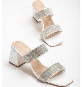 Resim İki Kalın Taş Bantlı Beyaz Kadın Topuklu Terlik-2807-beyaz Beyaz 