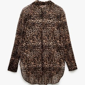Resim Koton Uzun Kollu Leopar Desenli Şifon Gömlek Plaj Elbisesi Kahverengi Desenli 5sak80006mk Kahverengi Desenli 