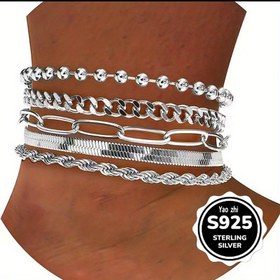 Resim 5 Adet 925 Ayar Gümüş Küba Zincirli Halhal Seti - Partiler ve Yurt Dışı Etkinlikler İçin Mükemmel - Şık ve Zarif - Unisex - İdeal Tatil Hediyesi, Günlük Kullanım için En İyi Takı 