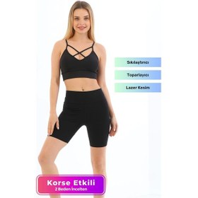 Resim Yeni Sezon Toparlayıcı Sıkılaştırıcı Şekillendirici Lazer Kesim Biker Korseli Tayt SiYAH 