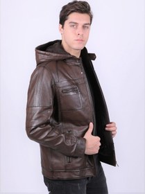 Resim New Zaya Leather Erkek Kahverengi Kapüşonlu Deri Mont Kahverengi 