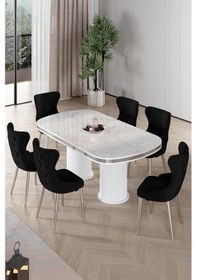 Resim Canisa Galya Serisi Lak Panel 90x168 Sabit Beyaz Mermer Desen Mutfak Masa Takımı 6 Siyah Sandalye Beyaz Mermer Desen Masa Siyah Sandalye Krom Ayak 
