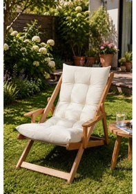 Resim Reyo Bysay Puf Minderli Ahşap Kademeli Kollu Şezlong Bahçe&balkon&teras&plaj Katlanır Şezlong Naturel Krem 