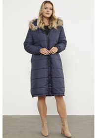 Resim Sementa Suni Kürk Kapüşonlu Uzun Kaban - Lacivert 001 