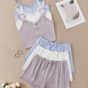 Resim Çok Renk Seçenekleri Düz Renk Rahat Kadın Seksi Omuz Açık Dantel Askılı Üst ve Düğme Detaylı Ev Şortlu Pijama 